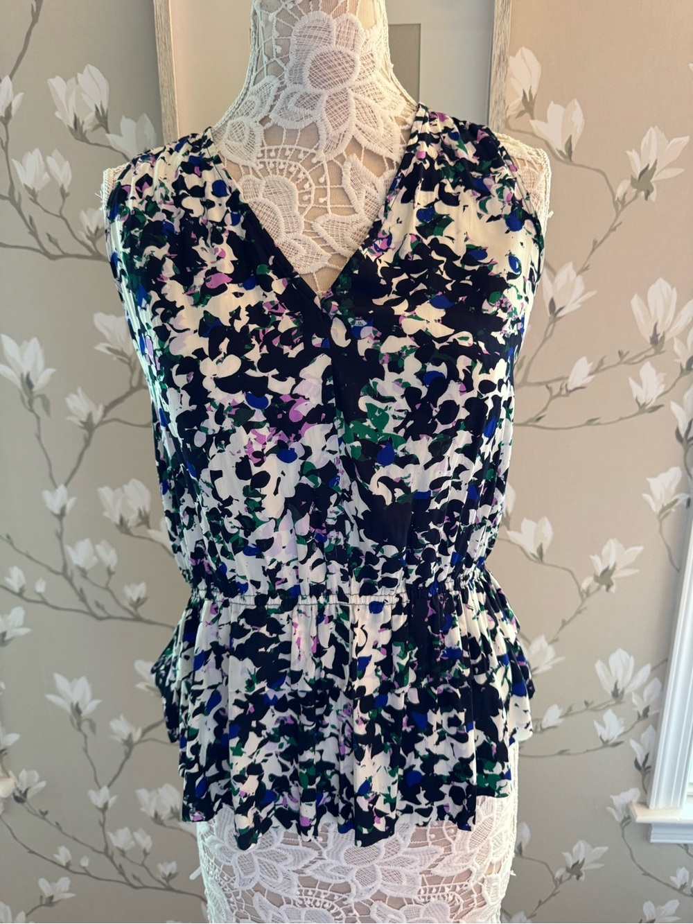 Banana Republic Navy, White and Green Floral V-Neck Peplum Camisole